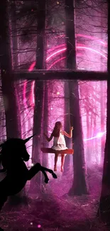 Girl on swing in pink-lit forest with unicorn.