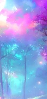 Colorful dreamy fantasy forest wallpaper with trees.