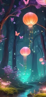 Magical forest with glowing lanterns and butterflies at night.