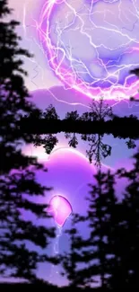 Purple sky with forest silhouette and lightning art.