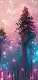 Magical forest with glowing lights in pink and teal hues for mobile wallpaper.