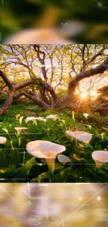 Serene forest with sunlight and flowers wallpaper.