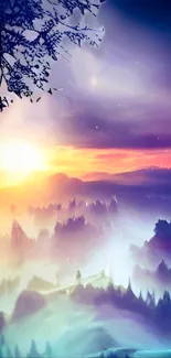 Dreamy forest sunrise with misty hills and a colorful sky.