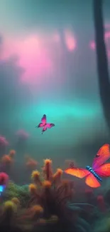 Dreamy forest with colorful butterflies.