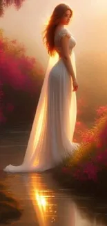 Dreamy woman in white dress illuminated by golden forest rays.