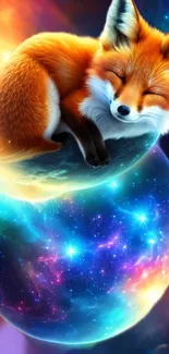 Cute fox sleeping atop a glowing galaxy sphere in vibrant colors.