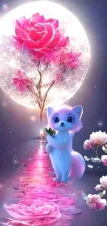 Cute fox and pink flowers under glowing moonlight.