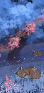 Nightscape with foxes under a blossom tree, in shades of blue and pink.