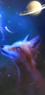 Fox under night sky with glowing jellyfish and planet.