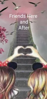 Friends creating heart shape with a stairway background.