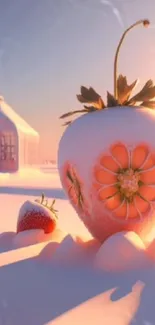 Frosted strawberries in a dreamy winter landscape.