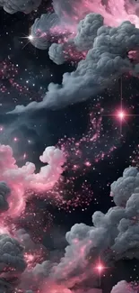 Pink and grey cosmic clouds with stars in space.