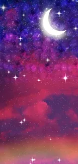 Colorful galaxy wallpaper with crescent moon and stars.