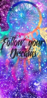 Vibrant dreamcatcher against starry galaxy with inspirational quote.