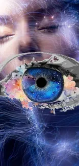 Surreal mobile wallpaper with galaxy-themed eye and floral accents.