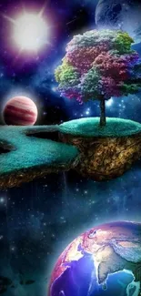 Fantasy art with planets, galaxy, and floating tree