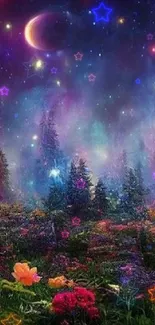 Fantasy galaxy forest with vibrant colors and starlit sky in mobile wallpaper.