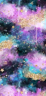 Vibrant galaxy wallpaper with purple, turquoise, and gold glitter accents.