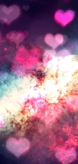 Galaxy heart wallpaper with vibrant pink hues and cosmic design.