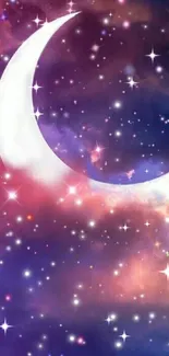 Crescent moon with stars in a colorful galaxy backdrop.