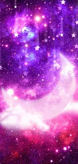 Dreamy purple galaxy wallpaper with a crescent moon and stars.