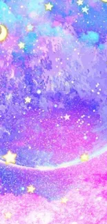 Dreamy galaxy night sky with moons and stars in purple and pink hues.