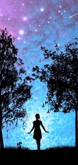 Silhouette of girl under a vibrant galaxy night sky with trees.