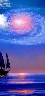 Sailboat under a swirling galaxy in a night sky with vivid blue and purple hues.