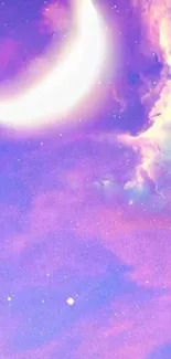 Dreamy wallpaper featuring a crescent moon and vibrant purple nebula.