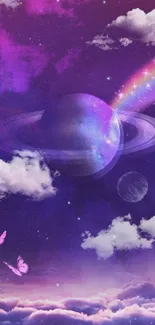 Dreamy galaxy wallpaper with planets, clouds, butterflies, and a rainbow.