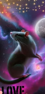 A dreamy galaxy wallpaper with a rat and moon.