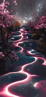 Magical magenta river under galaxy with cherry blossoms in a surreal nightscape.