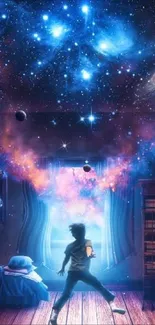 Surreal bedroom with cosmic galaxy and planets wallpaper.