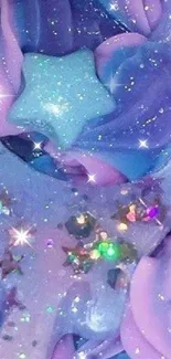 Dreamy purple and blue galaxy star wallpaper with glitter accents.