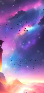 Colorful galaxy wallpaper with stars and silhouetted birds.