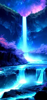 Galaxy-themed waterfall scene with vibrant neon colors and dreamy landscape.