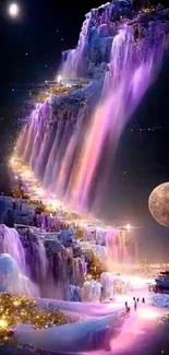 Fantasy galaxy waterfall landscape wallpaper with moonlit night sky.