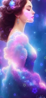 Dreamy woman in galaxy-themed wallpaper with stars.