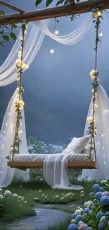 Dreamy garden swing with lights and flowers at dusk.