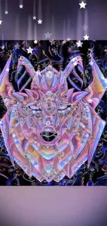 Dreamy geometric wolf wallpaper with purple hues.