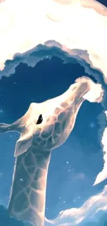 Giraffe reaching moon among clouds in a whimsical night scene.