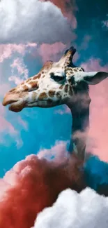 Giraffe blending into surreal clouds with a vibrant blue and pink sky.