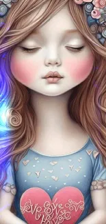 Whimsical girl with flowers and heart motif in artistic mobile wallpaper.