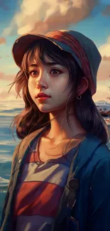 Digital art of a girl by the ocean with a serene and dreamy expression.