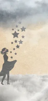 Silhouette of a girl with stars in a dreamy clouded sky.