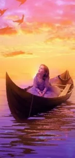 Girl on a boat at sunset with birds flying above.