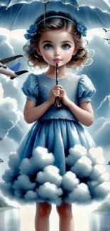 Whimsical girl with cloud dress and umbrella in fantasy setting.
