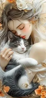 Dreamy girl cuddling with a cat with floral background.