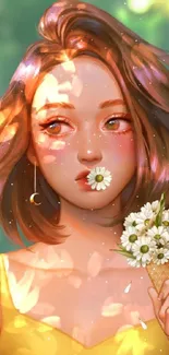 Dreamy cartoon girl holding daisies with sunlight and nature background.