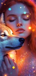 A dreamy girl poses with a glowing wolf under magical lights.